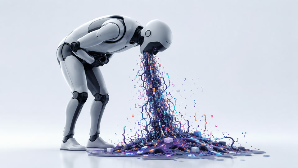 A white humanoid robot spilling a tangled stream of colorful code